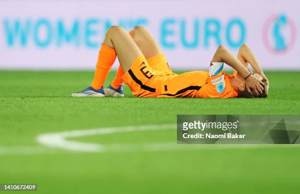Vivianne Miedema of The Netherlands reacts after her team's defeat during the UEFA Women's Euro England 2022 Quarter Final match between France and...
