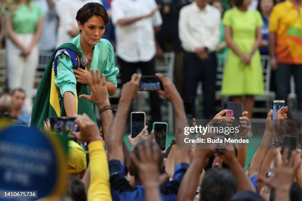 Michelle Bolsonaro speaks during the Liberal Party national convention where President of Brazil Jair Bolsonaro was officially appointed as candidate...