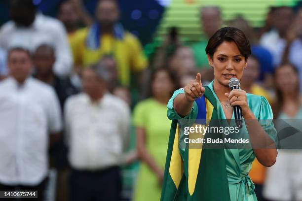 Michelle Bolsonaro speaks during the Liberal Party national convention where President of Brazil Jair Bolsonaro was officially appointed as candidate...