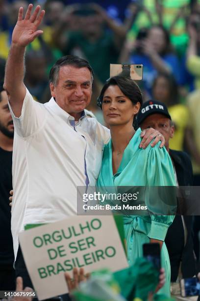 President of Brazil Jair Bolsonaro and his wife Michelle Bolsonaro attend during the Liberal Party national convention where he was officially...
