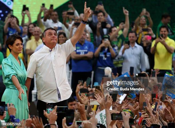 President of Brazil Jair Bolsonaro and his wife Michelle Bolsonaro attend during the Liberal Party national convention where he was officially...