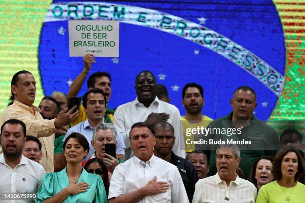 President of Brazil Jair Bolsonaro and his wife Michelle Bolsonaro attend during the Liberal Party national convention where he was officially...