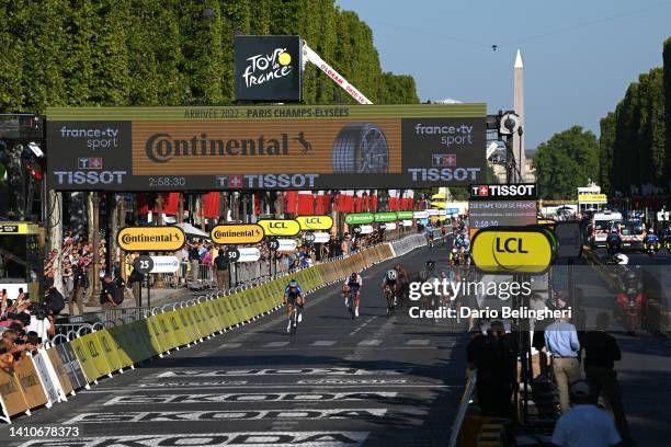 General view of Jasper Philipsen of Belgium and Team Alpecin-Fenix sprints to win ahead of Dylan Groenewegen of Netherlands and Team BikeExchange -...