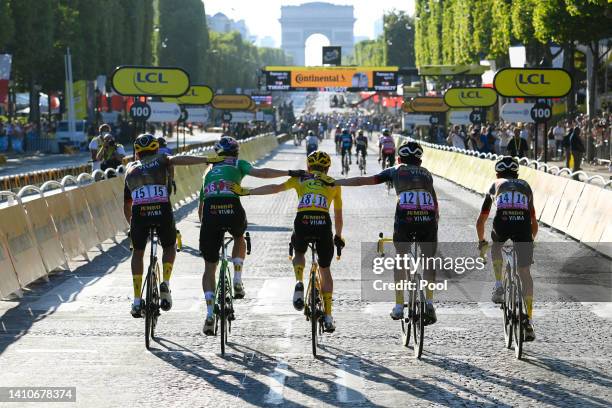 General view of Sepp Kuss of United States, Christophe Laporte of France, Jonas Vingegaard Rasmussen of Denmark Yellow Leader Jersey, Wout Van Aert...