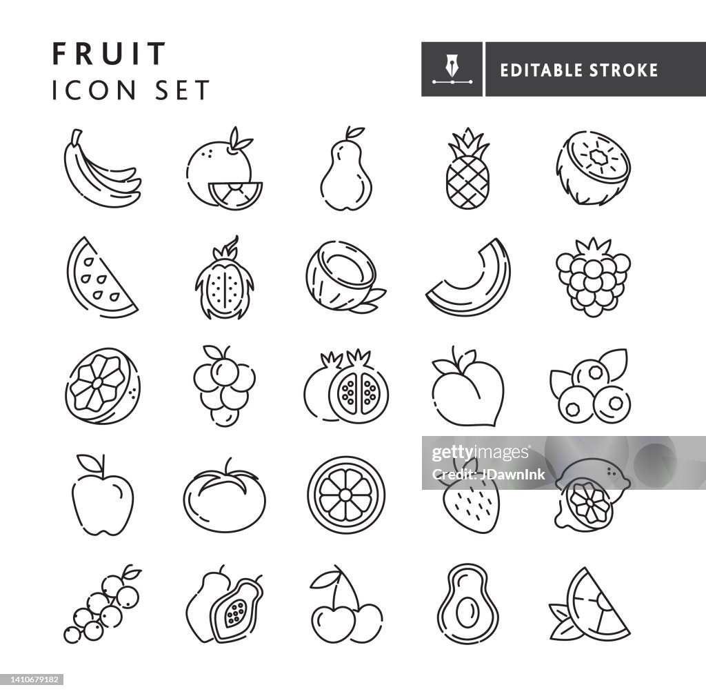 Línea delgada de fruta fresca entera y en rodajas Conjunto de iconos - trazo editable
