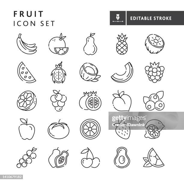 ilustraciones, imágenes clip art, dibujos animados e iconos de stock de línea delgada de fruta fresca entera y en rodajas conjunto de iconos - trazo editable - frambuesas