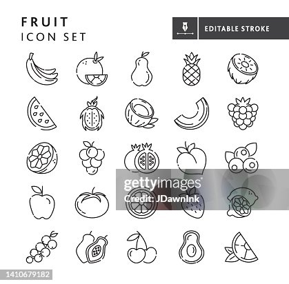 Whole and sliced fresh fruit thin line Icon set - editable stroke Whole and sliced fresh fruit thin line Icon set - editable stroke