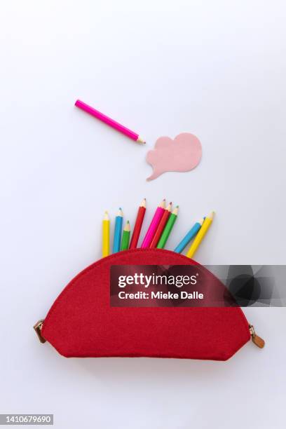 pencil case with colored pencils - etui stockfoto's en -beelden
