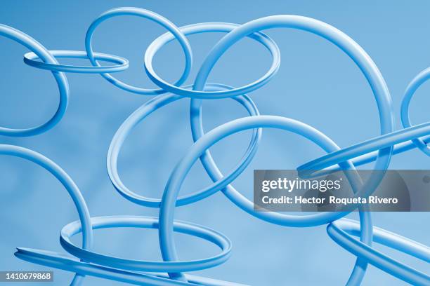 many  blue rings united, cooperation concept, 3d render - connections foto e immagini stock