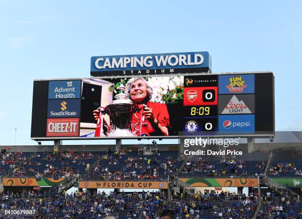 Tribute to Arsenal super fan Maria Petri on the big screens before the Florida Cup match between Cheslea and Arsenal at Camping World Stadium on July...