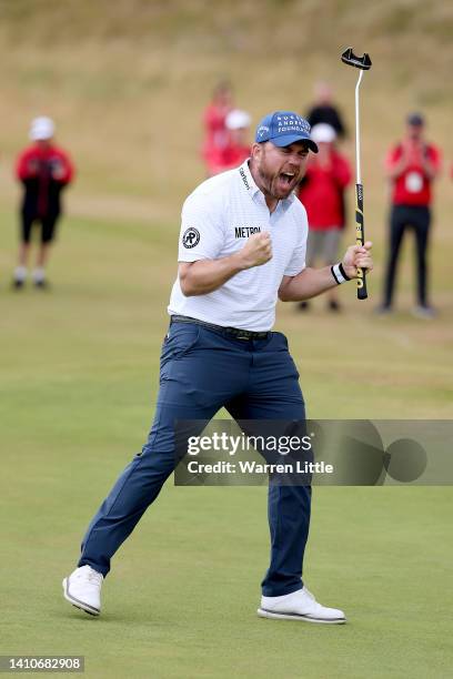 Richie Ramsay of Scotland celebrates on the eighteenth during Day Four of the Cazoo Classic at Hillside Golf Club on July 24, 2022 in Southport,...