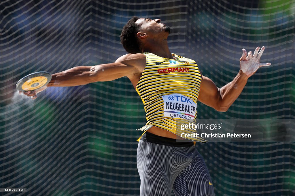 Discus Uniforms Leo Neugebauer of Team Germany competes in the Men's Decathlon Discus ...