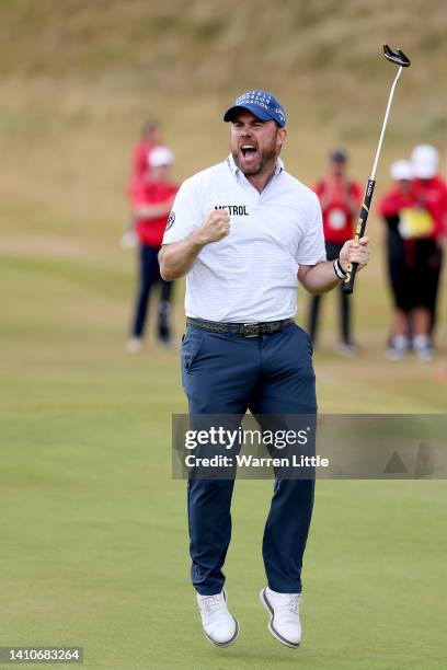 Richie Ramsay of Scotland celebrates on the eighteenth during Day Four of the Cazoo Classic at Hillside Golf Club on July 24, 2022 in Southport,...