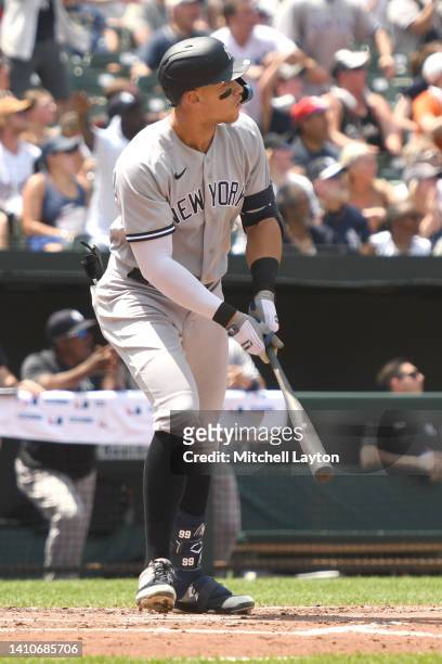 Aaron Judge of the New York Yankees hits a two run home run in the third inning during a baseball game against the Baltimore Orioles at Oriole Park...