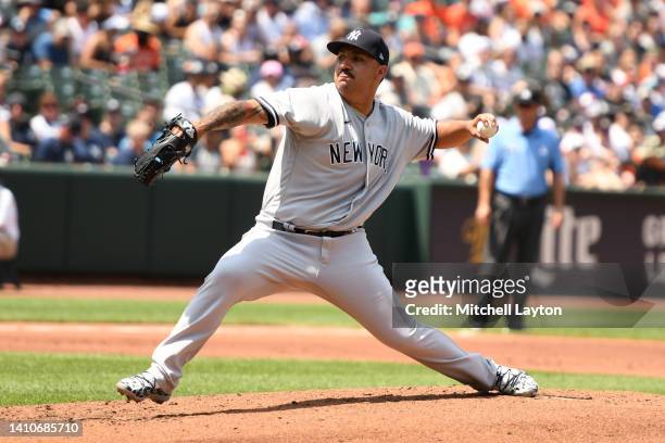 Nestor Cortes of the New York Yankees pitches in the second inning during a baseball game against the Baltimore Orioles at Oriole Park at Camden...