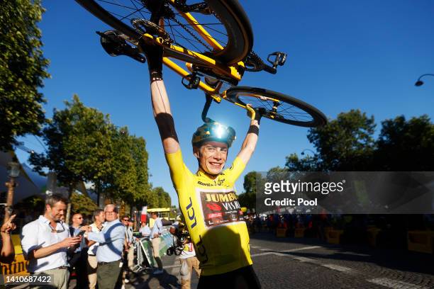 Jonas Vingegaard Rasmussen of Denmark and Team Jumbo - Visma - Yellow Leader Jersey celebrates at finish line as overall race winner during the 109th...