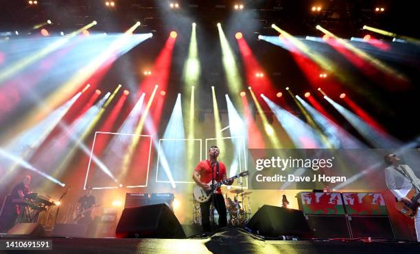 James Dean Bradfield, Nicky Wire and Sean Moore of the Manic Street Preachers perform during day four of Latitude Festival 2022 at Henham Park on...