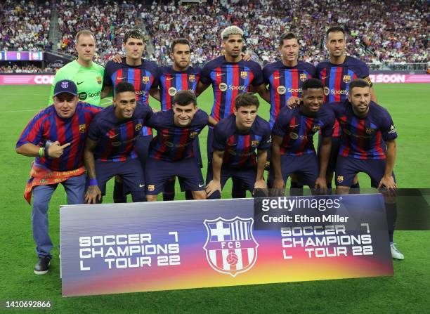 Barcelona players pose for a photo before their preseason friendly match against Real Madrid at Allegiant Stadium on July 23, 2022 in Las Vegas,...