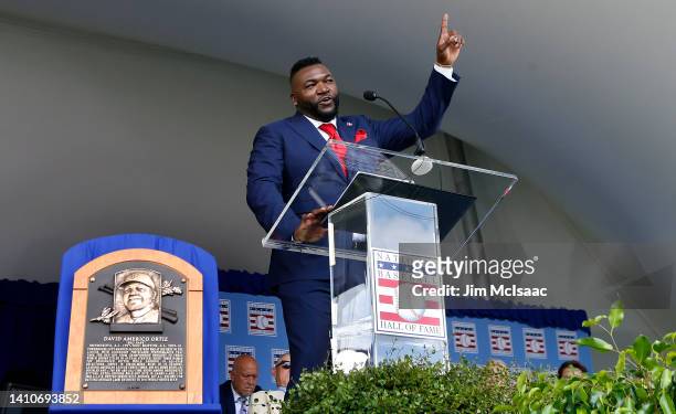 Inductee David Ortiz speaks during the Baseball Hall of Fame induction ceremony at Clark Sports Center at the National Baseball Hall of Fame on July...
