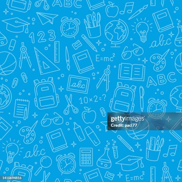 school icon seamless pattern on blue background. - chalkboard drawings sports basketball stock illustrations