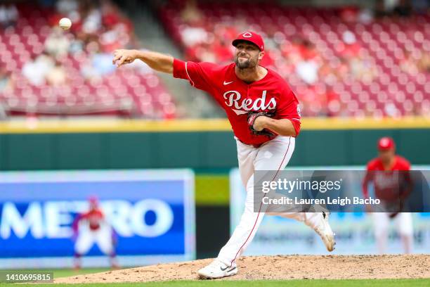 Hunter Strickland of the Cincinnati Reds pitches in the top of the ninth inning at Great American Ball Park on July 24, 2022 in Cincinnati, Ohio.