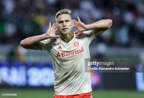 Alemao of Internacional celebrates after scoring the first goal of his team during a match between Palmeiras and Internacional as part of Brasileirao...