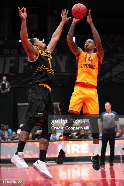 Gerald Green of Bivouac shoots against KJ McDaniels of the Killer 3's during BIG3 Week Six at Comerica Center on July 24, 2022 in Frisco, Texas.