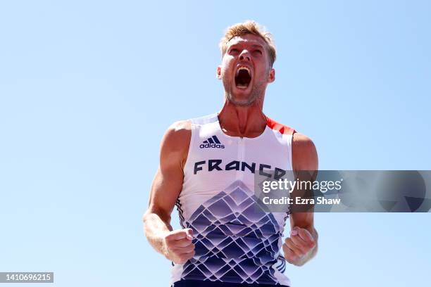 Kevin Mayer of Team France reacts after competing in the Men's Decathlon Pole Vault on day ten of the World Athletics Championships Oregon22 at...