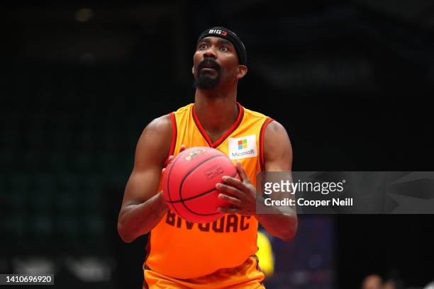 Corey Brewer of Bivouac shoots against the Killer 3's during BIG3 Week Six at Comerica Center on July 24, 2022 in Frisco, Texas.