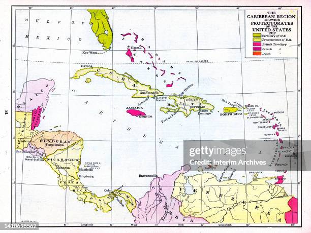 Color map illustration titled 'The Caribbean Region Showing Protectorates of the United States 1917' which includes protectorates of the United...