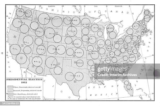 Map illustration showing distribution of electoral vote figures for the 1912 United States presidential election, 1920. Figures show totals of 435...