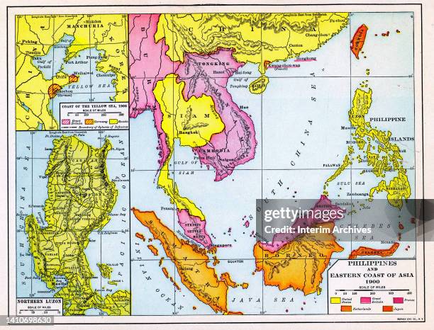 Color map illustration showing the Philippines and the Eastern Coast of Asia in 1900, published in 1920. The illustration shows a detail of the...