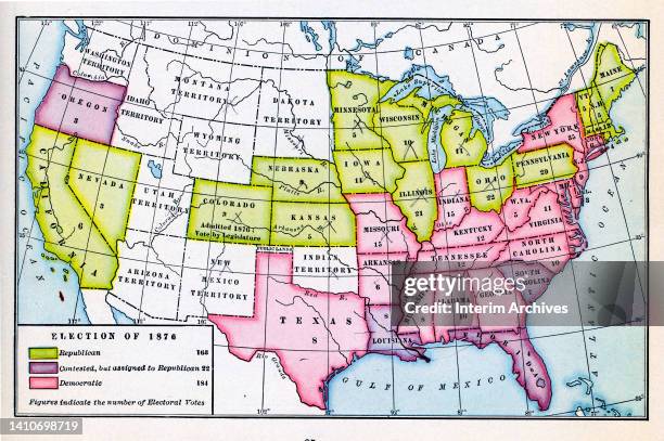 Color map illustration showing distribution of electoral vote figures for the 1876 United States presidential election, published in 1920. Figures...