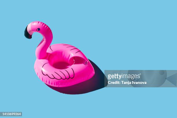 pink inflatable flamingo on blue background. summer holiday concept. - flamingos stock pictures, royalty-free photos & images