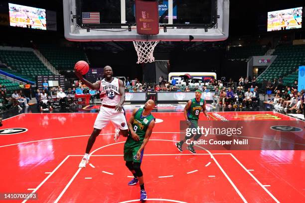 Jason Richardson of the Tri-State shoots against Rashard Lewis of the 3 Headed Monsters during BIG3 Week Six at Comerica Center on July 24, 2022 in...