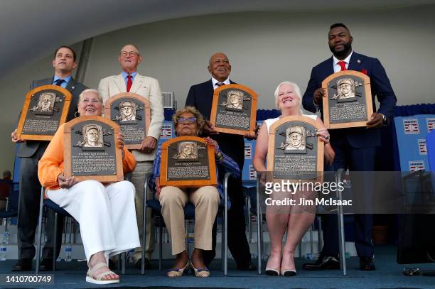 Irene Hodges, representing Gil Hodges, Dr. Angela Terry, representing Buck O'Neil, and Sharon Minoso, representing Minnie Minoso, pose for a...