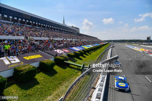 Chase Elliott, driver of the NAPA Auto Parts Chevrolet, drives during the NASCAR Cup Series M&M's Fan Appreciation 400 at Pocono Raceway on July 24,...