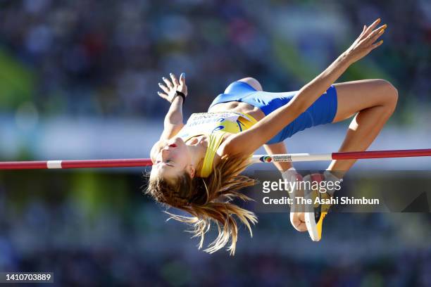 Yaroslava Mahuchikh of Team Ukraine competes in the Women's High Jump on day five of the World Athletics Championships Oregon22 at Hayward Field on...