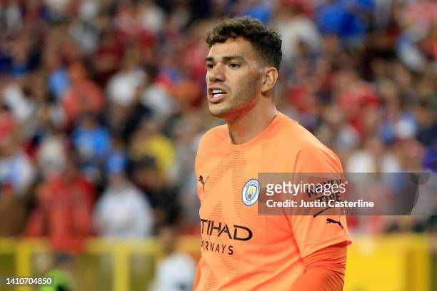 Ederson of Manchester City looks on during the pre-season friendly match between Bayern Munich and Manchester City at Lambeau Field on July 23, 2022...