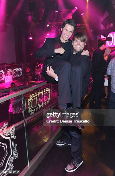 Devon Werkheiser and Jareb Deplaise attend the special appearance of GZA of Wu-Tang Clan and Prodigal Sunn at Chateau Nightclub & Gardens on March 9,...
