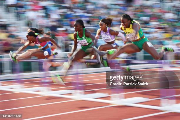 Kendra Harrison of Team United States, Cindy Sember of Team Great Britain, Tobi Amusan of Team Nigeria and Danielle Williams of Team Jamaica compete...