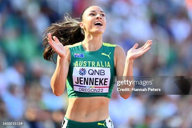Michelle Jenneke of Team Australia reacts after competing in the Women's 100m Hurdles Semi-Final on day ten of the World Athletics Championships...