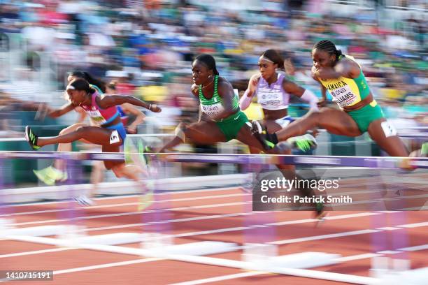 Kendra Harrison of Team United States, Cindy Sember of Team Great Britain, Tobi Amusan of Team Nigeria and Danielle Williams of Team Jamaica compete...