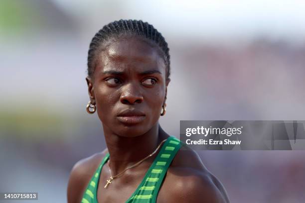 Tobi Amusan of Team Nigeria looks on after setting a world record in the Women's 100m Hurdles Semi-Final on day ten of the World Athletics...