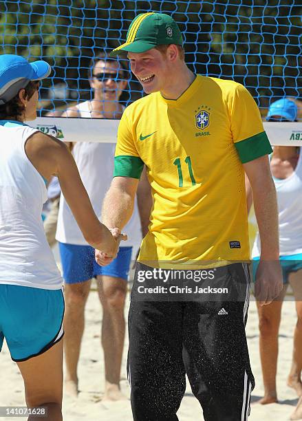 Prince Harry plays volleyball on Flamengo Beach on March 10, 2012 in Rio De Janeiro, Brazil. Prince Harry is in Brazil as part of a Diamond Jubilee...