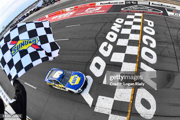 Chase Elliott, driver of the NAPA Auto Parts Chevrolet, finishes third place in the NASCAR Cup Series M&M's Fan Appreciation 400 at Pocono Raceway on...