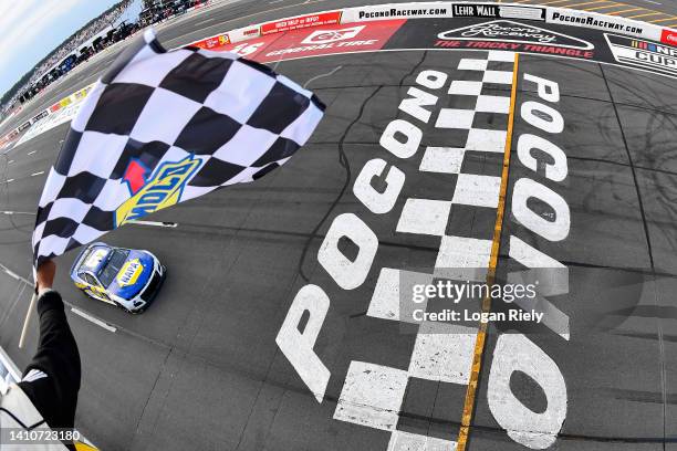 Chase Elliott, driver of the NAPA Auto Parts Chevrolet, finishes third place in the NASCAR Cup Series M&M's Fan Appreciation 400 at Pocono Raceway on...
