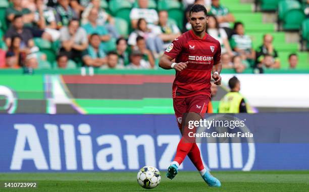 Karim Rekik of Sevilla FC in action during the Cinco Violinos Trophy match between Sporting CP and Sevilla FC at Estadio Jose Alvalade on July 24,...