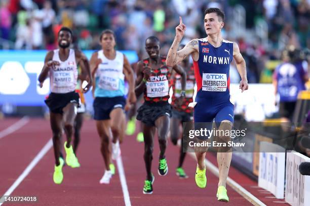 Jakob Ingebrigtsen of Team Norway crosses the finish line to win gold in the Men's 5000m Final on day ten of the World Athletics Championships...