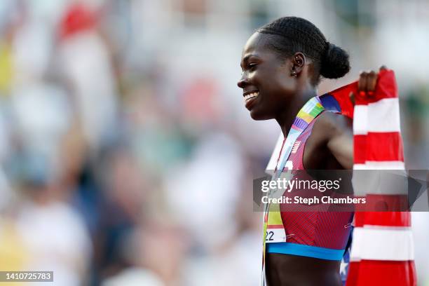 Athing Mu of Team United States celebrates winning gold in the Women's 800m Final on day ten of the World Athletics Championships Oregon22 at Hayward...